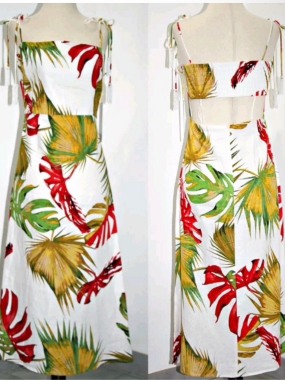 House of Harlow Revolve Midi Dress Linen White Tropical Print Green Red Sz S